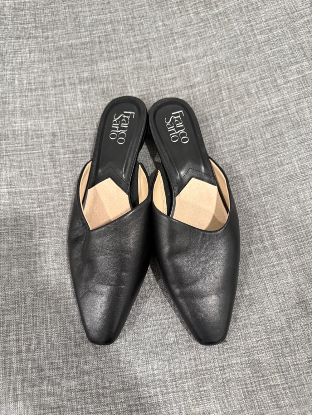 Franco Sarto Black Leather Pointed Slip-On Mules